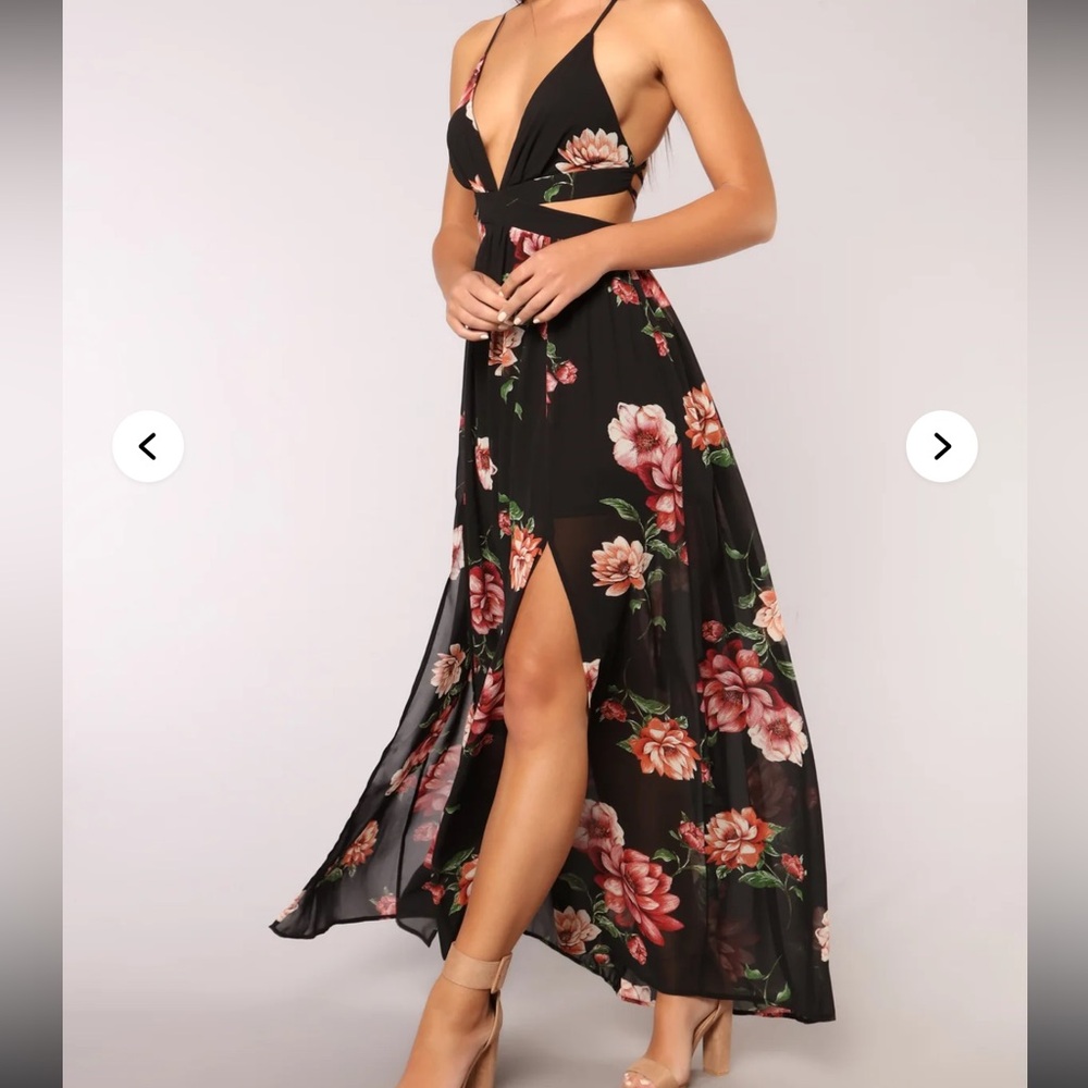 Fashion Nova Black and Pink Maxi Dress with Plunge Neckline